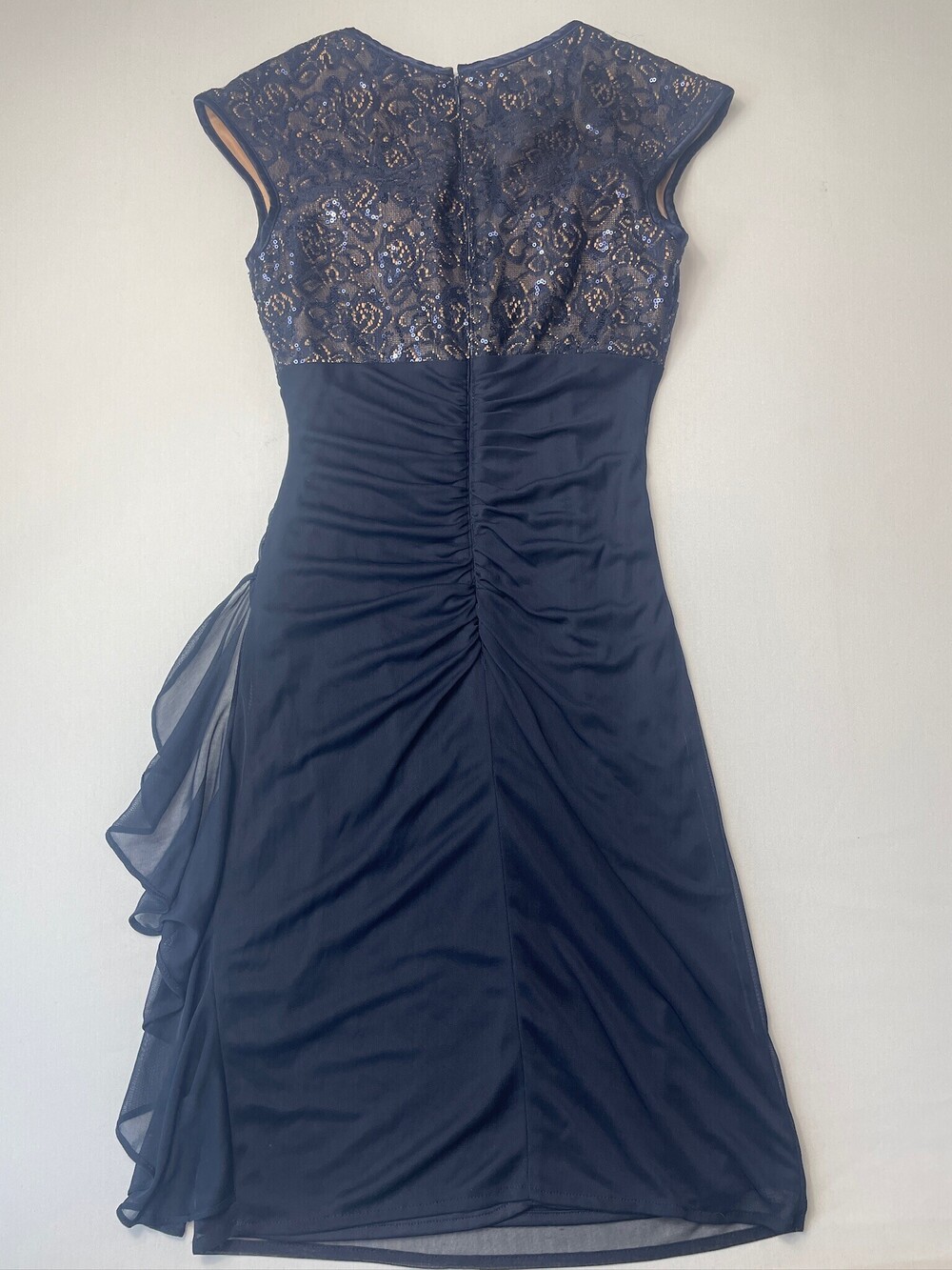 B&A by Betsy & Adam Navy Sequin Lace Ruched Cocktail Dress Size 2 - Picture 3 of 9